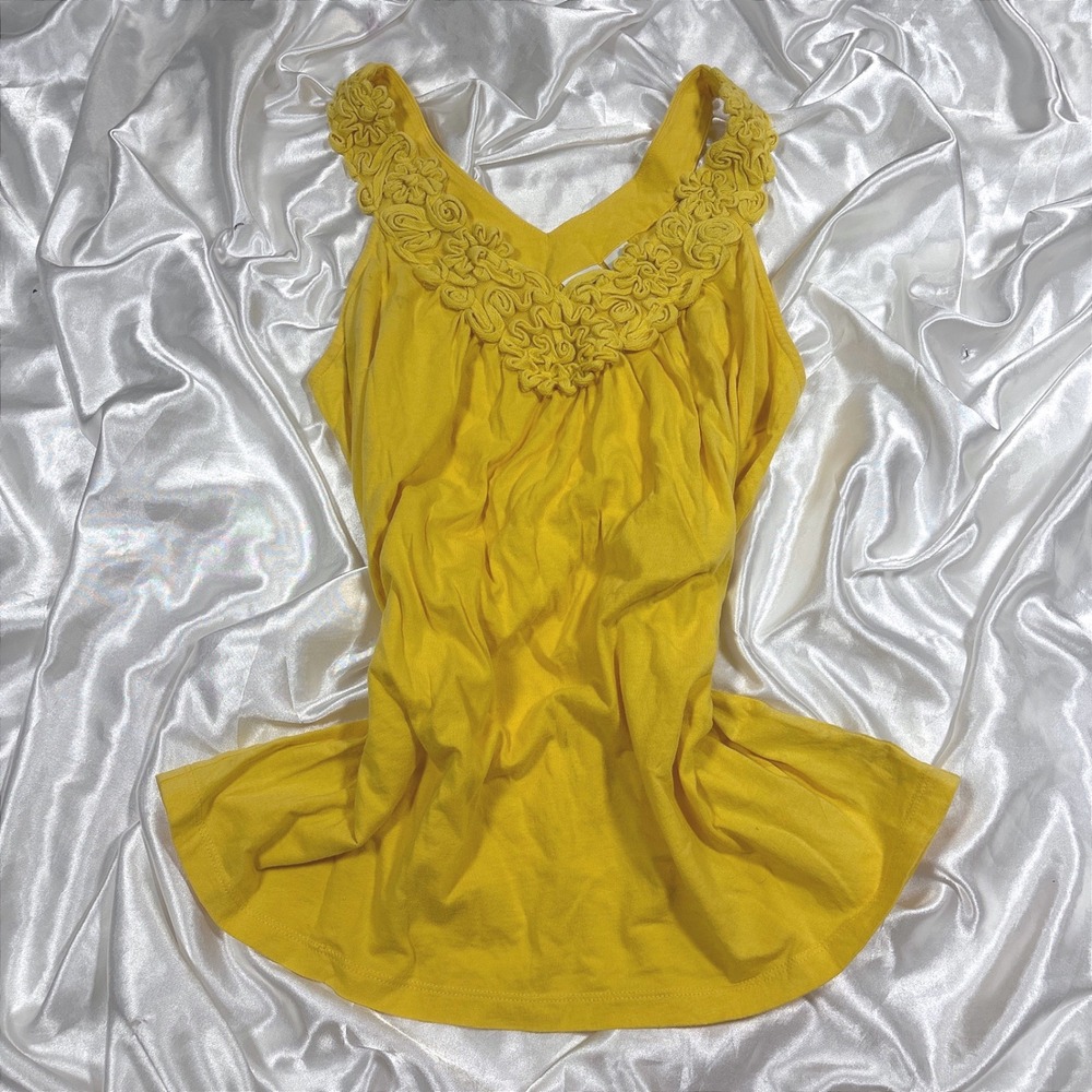 y2k Tank Top Yellow Excellent Cato Rosette Trim V-Neck Sleeveless Babydoll Shirt